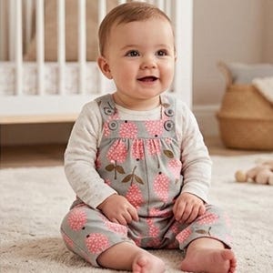 May include: A grey overall with a pink and white dotted pear pattern, featuring two buttons on the shoulder straps, worn over a long-sleeved cream-colored shirt. The garment has a gathered neckline and a relaxed fit for a young child.