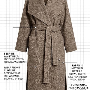 May include: A brown heathered tweed wrap-front coat featuring a modified shawl collar, a self-tie waist belt, and functional patch pockets. The garment includes high side slits and clean-edge slit cuffs, as detailed in the technical specification.