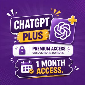 May include: A purple graphic featuring the text CHATGPT PLUS with a logo and a yellow plus sign. Below, a white rectangular banner displays a purple padlock icon, the text PREMIUM ACCESS, and UNLOCK MORE. DO MORE. A final purple ticket-shaped banner shows a calendar icon and the text 1 MONTH ACCESS.