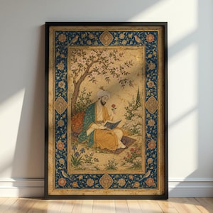 May include: A framed rectangular wall art print featuring a miniature painting of a person in a turban sitting under a flowering tree, reading a book and holding a red rose. The border is deep blue with intricate floral and bird motifs.