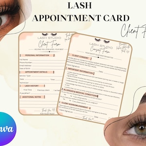 May include: Two beige lash studio forms featuring black text, including a client form and a consent form. The cards contain sections for personal information, appointment details, lash history, client consent, important information, and medical conditions.