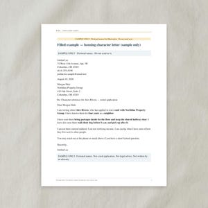 Op de afbeelding: Een wit document getiteld Filled example — housing character letter (sample only) met zwarte tekst. Het bevat contactgegevens voor Jordan Lee en Morgan Hale, een datum van 18 augustus 2026 en een alinea over een huuraanvraag.
