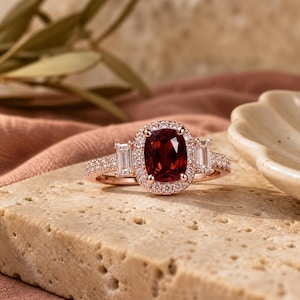 Rose Gold Plated Simulated Ruby Halo Ring，Adjustable Open Band Vintage-Inspired Jewelry ，Clear Cubic Zirconia Accent Stones