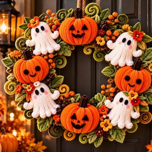 Pode incluir: Uma guirlanda redonda de crochê com três abóboras laranja com rostos de jack-o'-lantern em feltro preto, três fantasmas brancos de crochê com bochechas rosadas, folhas verdes e pequenas bagas laranja em uma base circular.