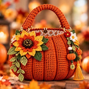 May include: A round, orange, crocheted pumpkin-shaped handbag with a sturdy handle. The bag is decorated with a large, multi-layered sunflower, green leaves, small white flowers, and a dangling charm featuring tiny pumpkins and a yellow tassel.