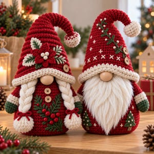 May include: Two crocheted Christmas gnomes with red pointed hats, cream-colored brims, and pom-poms. One gnome features a poinsettia, braided hair, and berry sprigs. The other has a white faux fur beard, embroidered pine trees, and buttons.