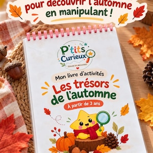 Peut inclure: Un livre d'activités à spirales intitulé "Les trésors de l'automne" illustré avec une étoile de dessin animé tenant une loupe, entourée de citrouilles, de glands, de pommes de pin et de feuilles d'automne.