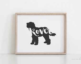 May include: Black and white silhouette of a dog with the name "Rover" written inside the silhouette.