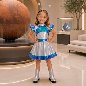 May include: A metallic silver and iridescent blue space-themed dress with flutter sleeves and a flared skirt. The outfit includes a headband with two silver antennae topped with spheres and a pair of matching metallic silver mid-calf boots.