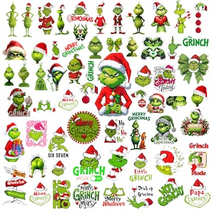 Puede incluir: Una colección de pegatinas del personaje verde Grinch con varias poses, expresiones y textos navideños como Merry Grinchmas, Grinch Mode y Merry Whatever. Las ilustraciones incluyen gorros de Papá Noel, adornos y lazos festivos.