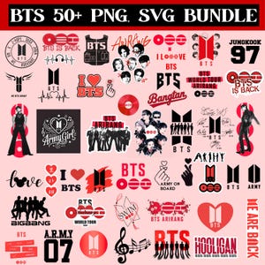 Peut inclure: Un ensemble numérique de plus de 50 fichiers graphiques PNG et SVG sur le thème de BTS, incluant des logos, des silhouettes des sept membres, des cœurs, des notes de musique et du texte comme BTS, ARMY et Arirang en rouge, noir et blanc.