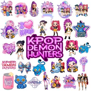 May include: A collection of K-Pop Demon Hunters stickers featuring chibi-style characters, blue cats, disco balls, hearts, and bows. The set includes the text K-Pop Demon Hunters, My Little Soda Pop, and Happy Birthday in various pink, purple, and blue designs.