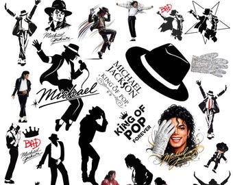 May include: A digital design bundle featuring over 25 PNG and 18 SVG files of Michael Jackson. The collection includes black and white silhouettes, colour illustrations, a fedora, a sequined glove, and text reading Michael Jackson King of Pop.