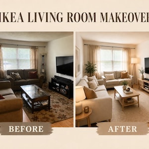 Puede incluir: Una comparación de pantalla dividida titulada IKEA LIVING ROOM MAKEOVER que muestra un antes y después de una sala de estar. La imagen anterior presenta sofás de color marrón oscuro, una mesa de centro de madera oscura y una alfombra estampada. La imagen posterior muestra sofás de color beige claro, una mesa de centro de madera clara, una alfombra de color claro y un mueble multimedia de madera clara.