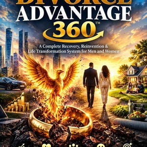 May include: A book cover titled The Divorce Advantage 360 by Dare Branham Alabi. It features a golden phoenix rising from a broken gold ring, a couple walking toward a suburban home, a city skyline, and icons for financial freedom and health.