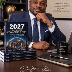 Könnte beinhalten: Ein Buch mit dem Titel 2027 The Great Economic Reset von Dare Branham Alabi, dessen Einband einen leuchtenden Globus über einer Stadt zeigt. Das Buch liegt auf einem dunklen Holztisch neben einer schwarzen Tasse mit weißem Text und einem Stift.