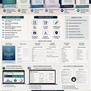 Może przedstawiać: Cyfrowy pakiet zasobów zatytułowany CPN TOOLKIT UK dla specjalistów zdrowia psychicznego. Zawiera sześć przewodników PDF, formularze do wypełnienia, edytowalne arkusze, trackery Excel oraz szablony Notion z różnymi układami i opisami.