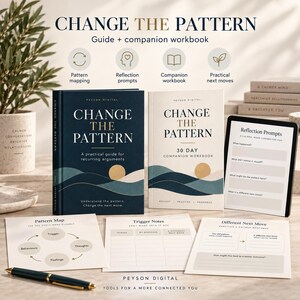 Op de afbeelding: Een Change the Pattern gids en 30-daags werkboek van Peyson Digital. Bevat een donkerblauw boek, een crèmekleurig boek, een tablet met reflectievragen en drie geprinte werkbladen voor patroonherkenning, triggers en actieplannen.