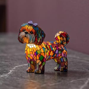 Lámpara de mesa moderna con diseño de perro en mosaico, luz para mascotas estilo vidriera, decoración colorida de resina con animales, luz nocturna USB, regalo para amantes de los perros, acento decorativo único para el hogar.