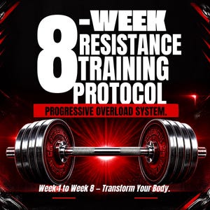 Pode incluir: Um gráfico com uma barra de pesos e discos de 45 lb. O texto diz 8-WEEK RESISTANCE TRAINING PROTOCOL, PROGRESSIVE OVERLOAD SYSTEM e Week 1 to Week 8 – Transform Your Body. O design usa cores preta e vermelha com detalhes de correntes.