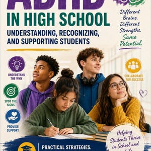 May include: A book cover titled ADHD IN HIGH SCHOOL: UNDERSTANDING, RECOGNISING, AND SUPPORTING STUDENTS. It features four diverse students in a classroom setting, with icons and text highlighting strategies for success and potential.
