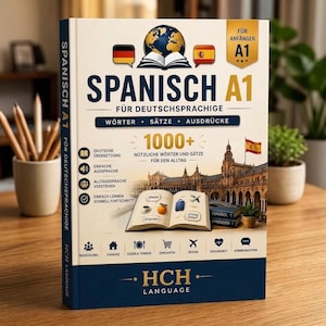Könnte beinhalten: Ein Spanisch-Lehrbuch mit dem Titel Spanisch A1 für Deutschsprachige. Das Cover zeigt einen Globus, Flaggen, ein Foto eines spanischen Platzes und eine Illustration eines offenen Buches mit Symbolen für Wörter und Sätze.
