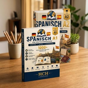 Könnte beinhalten: Zwei Lehrbücher zum Spanischlernen mit den Titeln Spanisch A1 und Spanisch A2 für Deutschsprachige. Die Einbände zeigen einen Globus, ein offenes Buch, spanische Architektur und Symbole für Alltagsthemen wie Reisen und Essen.