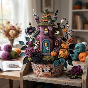 May include: A crocheted haunted house display in a terracotta pot wrapped in white yarn spiderwebs. The house is purple and green with orange pumpkins, white ghosts, black cats, bats, and skulls. A tag reads HAUNTED HAVEN CROCHET PATTERN.