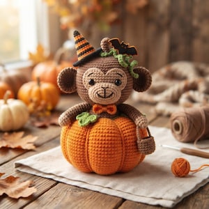 May include: A crocheted brown monkey toy sitting inside a large orange pumpkin. The monkey wears a black and orange striped witch hat with a small black bat on top and an orange bow tie. It holds a small brown basket in one of its hands.