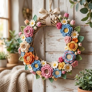 Könnte beinhalten: Ein runder Kranz aus gedrehten Naturzweigen, verziert mit einer Vielzahl bunter gehäkelter Blumen und grüner Blätter. Das Arrangement besteht aus rosa, blauen, gelben und weißen Blüten und ist oben mit einer beigen Schleife versehen.