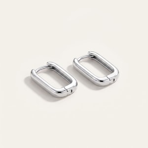 Silver Hoop Earrings | Huggie Hoop Earrings | Rectangle Hoops | Minimalist Geometric Earrings | Small Dainty Hoops | Gift for Her