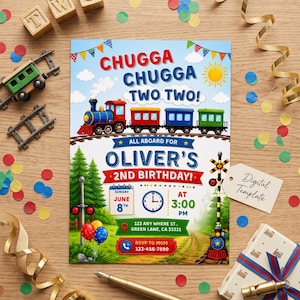 May include: A rectangular birthday invitation card featuring a colorful train illustration with the text CHUGGA CHUGGA TWO TWO! OLIVER'S 2ND BIRTHDAY! JUNE 8TH AT 3:00 PM, along with address and RSVP details, surrounded by toy train tracks and confetti.