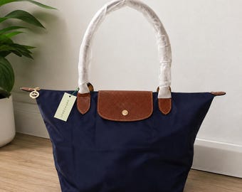 Longchamp Large Navy Nylon Tote Bag, Brown Leather Trim Shoulder Bag