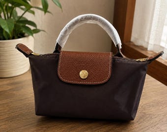 Longchamp Mini Brązowa Nylonowa Torebka na Ramię z Wykończeniem Skórzanym