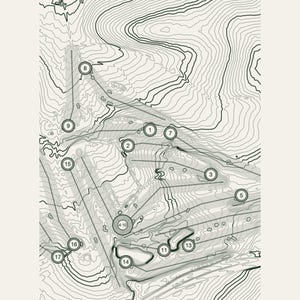 May include: A black and white topographic map illustration featuring contour lines and numbered circular markers from 1 to 17, with a large central circle labeled 4-10, indicating specific terrain points and paths across a landscape.