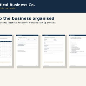May include: Four white business document templates titled Practical Business Co. featuring an Income Tracker, Customer Feedback Form, Basic Service Risk Assessment, and Business Start-Up Checklist with dark blue headers and organized text fields.