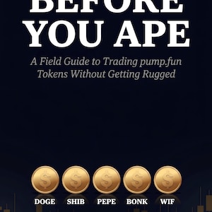 May include: A dark blue digital book cover titled A FIELD GUIDE TO PUMP.FUN RISK BEFORE YOU APE. It features five gold dollar coins labeled DOGE, SHIB, PEPE, BONK, WIF, and text reading RISK CHECKLISTS, ON-CHAIN DILIGENCE, NO HYPE, A KINDLE SHORT READ.