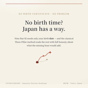 以下が含まれることがあります： クリーム色の情報グラフィック。暗い色の文字で「NO BIRTH CERTIFICATE NO PROBLEM. No birth time? Japan has a way. Nine Star Ki needs only your birth date and the classical Three Pillar method.」と書かれています。中央下部には、星が描かれた小さな赤い線画があります。