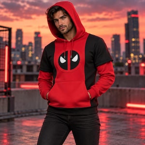 Può includere: Una felpa con cappuccio rossa e nera caratterizzata da un logo centrale di Deadpool con occhi bianchi su sfondo circolare nero. Il capo presenta maniche lunghe rosse, un cappuccio rosso con coulisse, una tasca a marsupio e pannelli laterali neri.