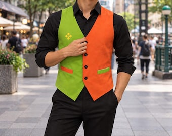 Può includere: Un gilet color-block con il lato destro verde lime e il sinistro arancione, indossato sopra una camicia nera a maniche lunghe e pantaloni neri. Il gilet presenta tre bottoni neri, due tasche a filetto con patte a contrasto e un logo giallo a quattro punti.