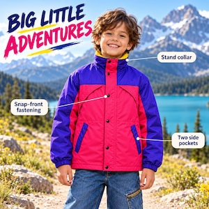 May include: A colour-blocked jacket featuring a vibrant pink centre panel, deep purple sleeves, and a yellow inner stand collar. The jacket includes a snap-front fastening and two side pockets. The text BIG LITTLE ADVENTURES is visible.