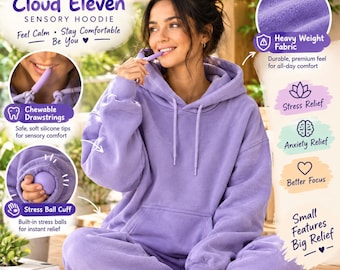 Könnte beinhalten: Ein lavendelfarbener sensorischer Kapuzenpullover mit kaubaren Kordelzügen mit Silikonspitzen, einem integrierten Stressball im Ärmelbündchen und schwerem Stoff. Das Kleidungsstück enthält Textbeschriftungen für Cloud Eleven Sensory Hoodie und Stress Relief.