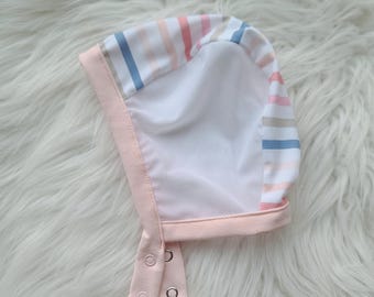 LilNells Hat for Babies with Hearing Aids,Mesh Hat,Hat with Snaps, Pink Pilot Hat with Mesh Sides,Hearing aid Hat, Pink and White Stripe Hat