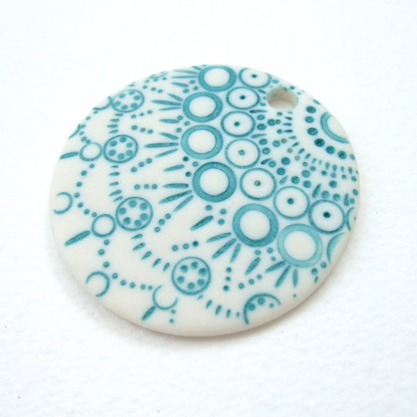 RESERVED - SALE - Porcelain Pendant - Turquoise and White Matt - Lace Doodle