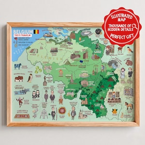 Puede incluir: Un mapa ilustrado de Bélgica en un marco de madera clara, que muestra regiones verdes, el Mar del Norte y varios dibujos pequeños de monumentos, animales e iconos culturales con etiquetas como Bruselas, Amberes y Gante, además de una insignia roja.