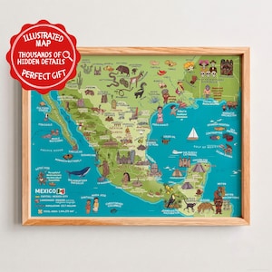 May include: A framed illustrated map of Mexico featuring various cultural, historical, and geographical icons across the country. The map includes labels for cities, landmarks, wildlife, and food, with a light green landmass and blue ocean.