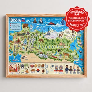 May include: A framed illustrated map of Russia featuring geographical landmarks, wildlife, and cultural icons. The map includes text labels for cities, regions, and oceans, with a bottom panel displaying traditional costumes, food, and historical figures.