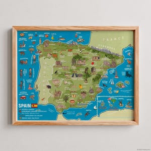 Inramad väggkonst med karta över Spanien, illustrerad spansk reseposter, geografidekor