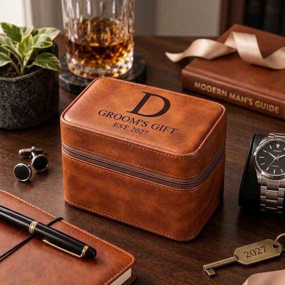 Hand-stitched leather watch box with personalized engraving — a proper heirloom-feeling case that turns a watch collection into a display-worthy statement.