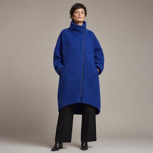 Cobalt Blue Wool Cocoon Coat, Funnel Collar, Offset Zip